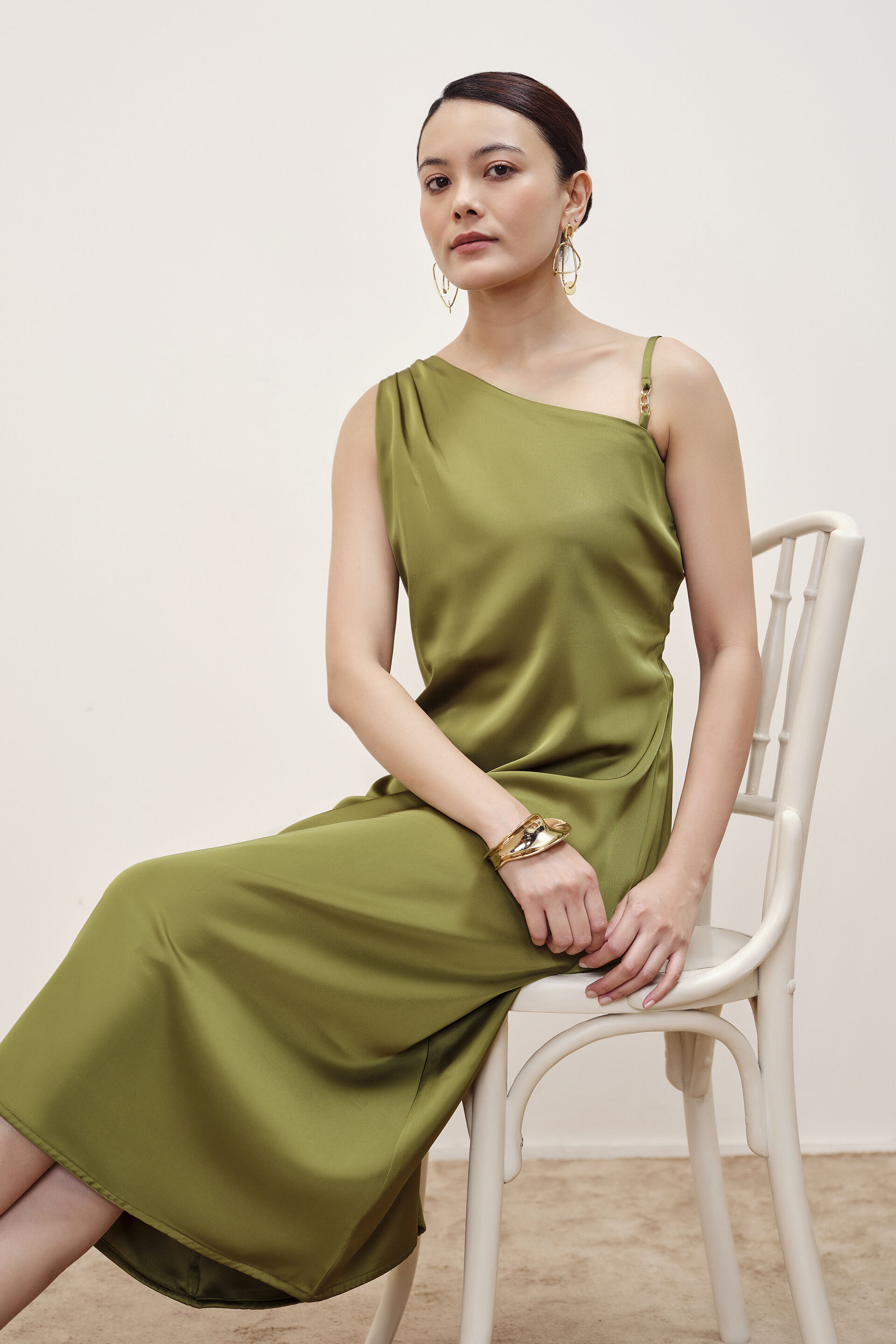 Olive One-Shoulder Satin Dress, Olive, image 2